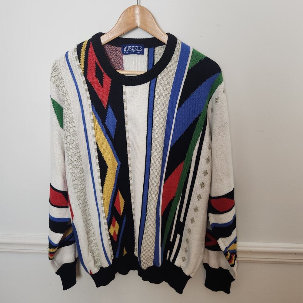 Vintage Bueckle Manner Maschen Sweater Medium Large Mens Textured Biggie Stripe